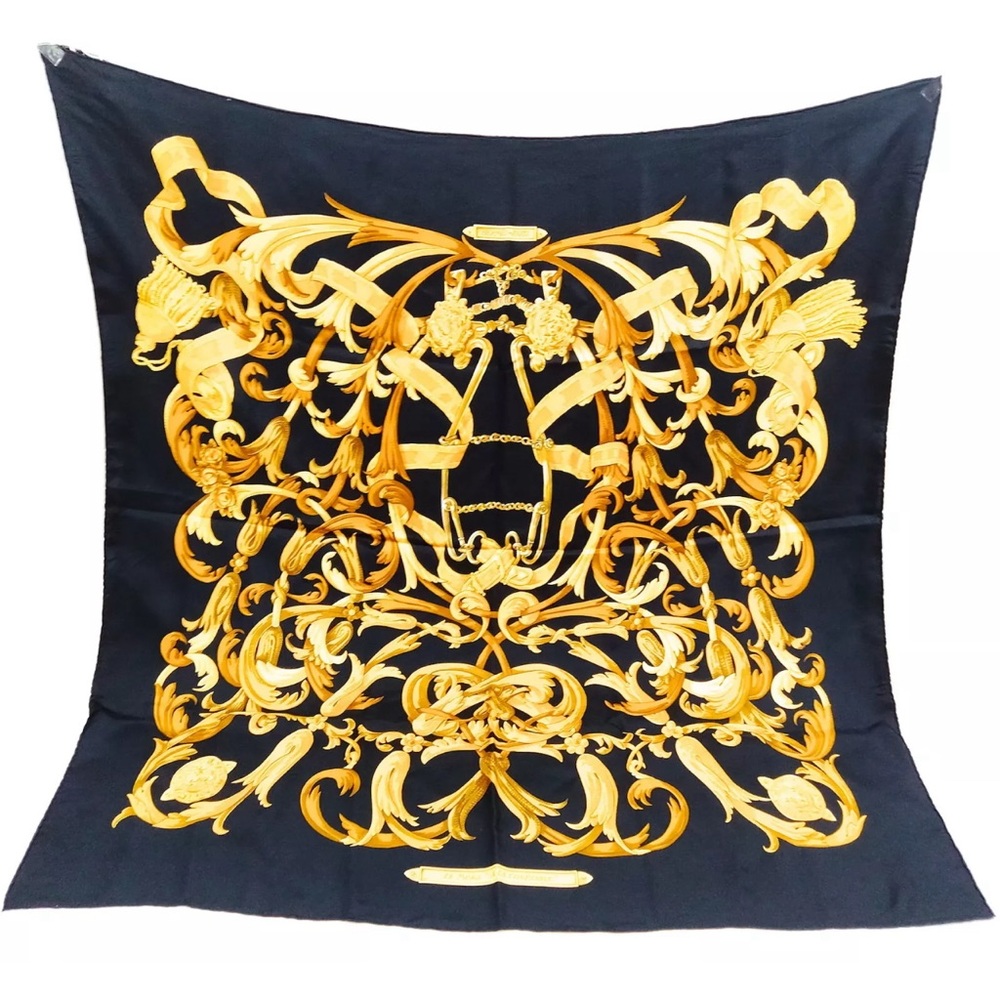 Auth Hermes X-Large 💯 Silk Scarf Gold/Black